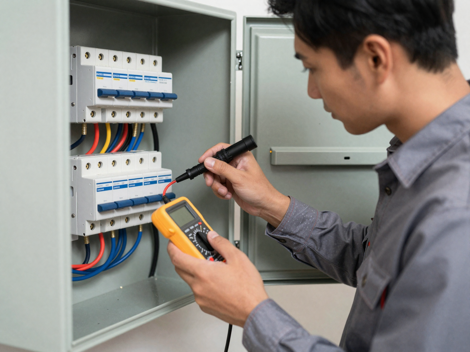 Electrician installing circuit breaker in residential panel